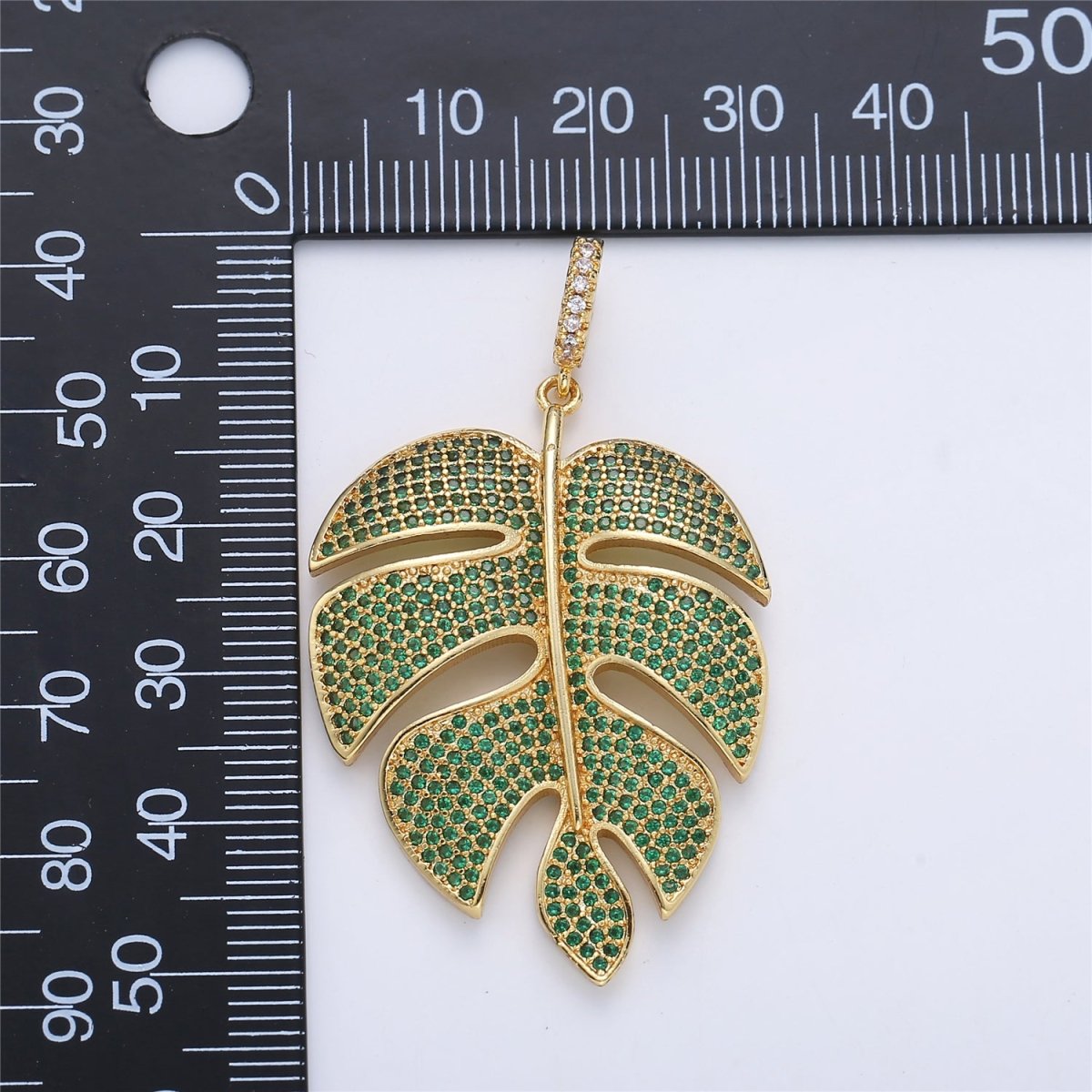 24K Gold Filled Monstera Palm Leaf Green Mircro Paved CZ Pendant I-165