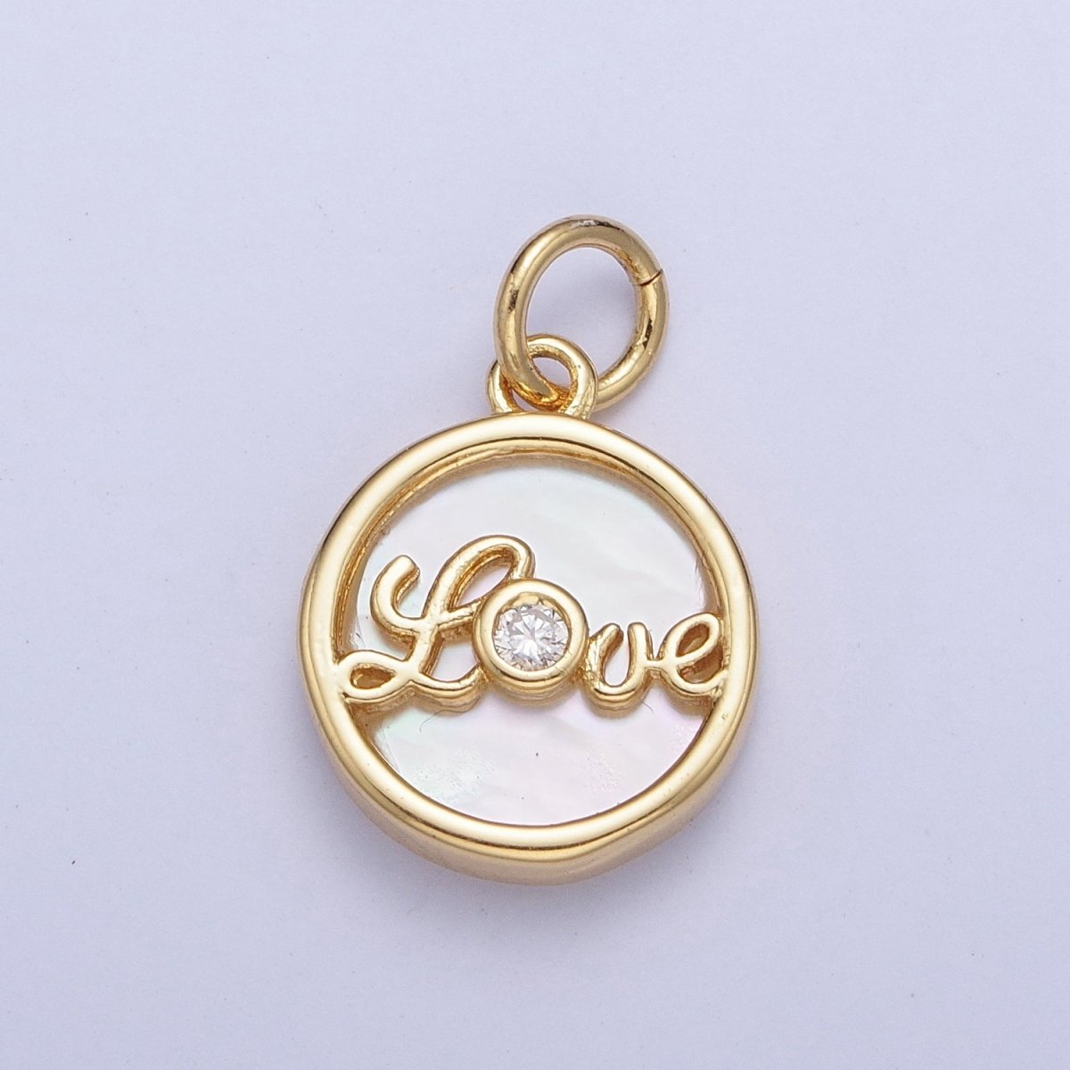 24K Gold Filled Mother of Pearl Love Script Round Coin Charm AG-074