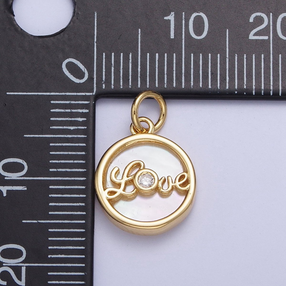 24K Gold Filled Mother of Pearl Love Script Round Coin Charm AG-074