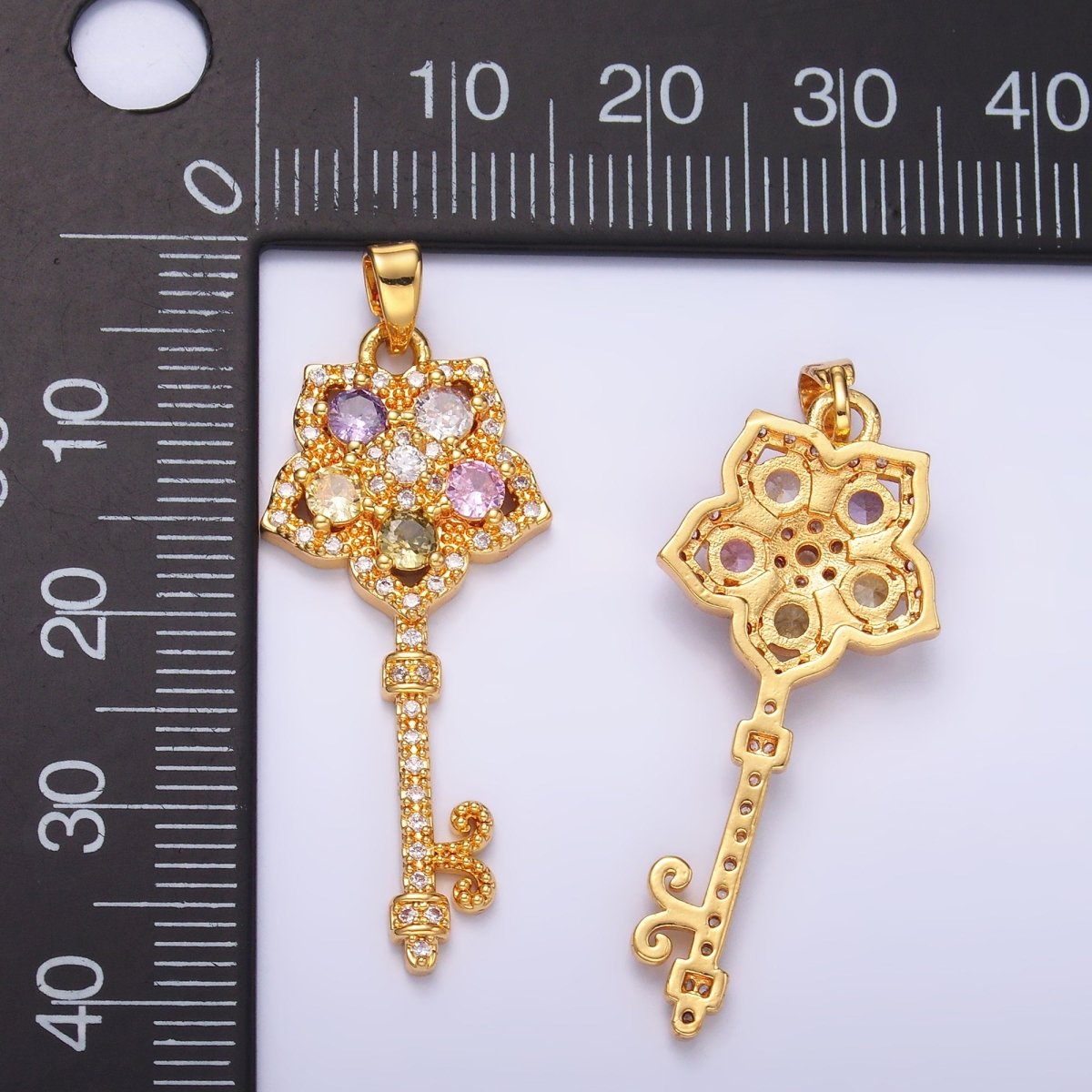 24K Gold Filled Multicolor Micro Paved CZ Flower Fleur Key Pendant | AA-00779