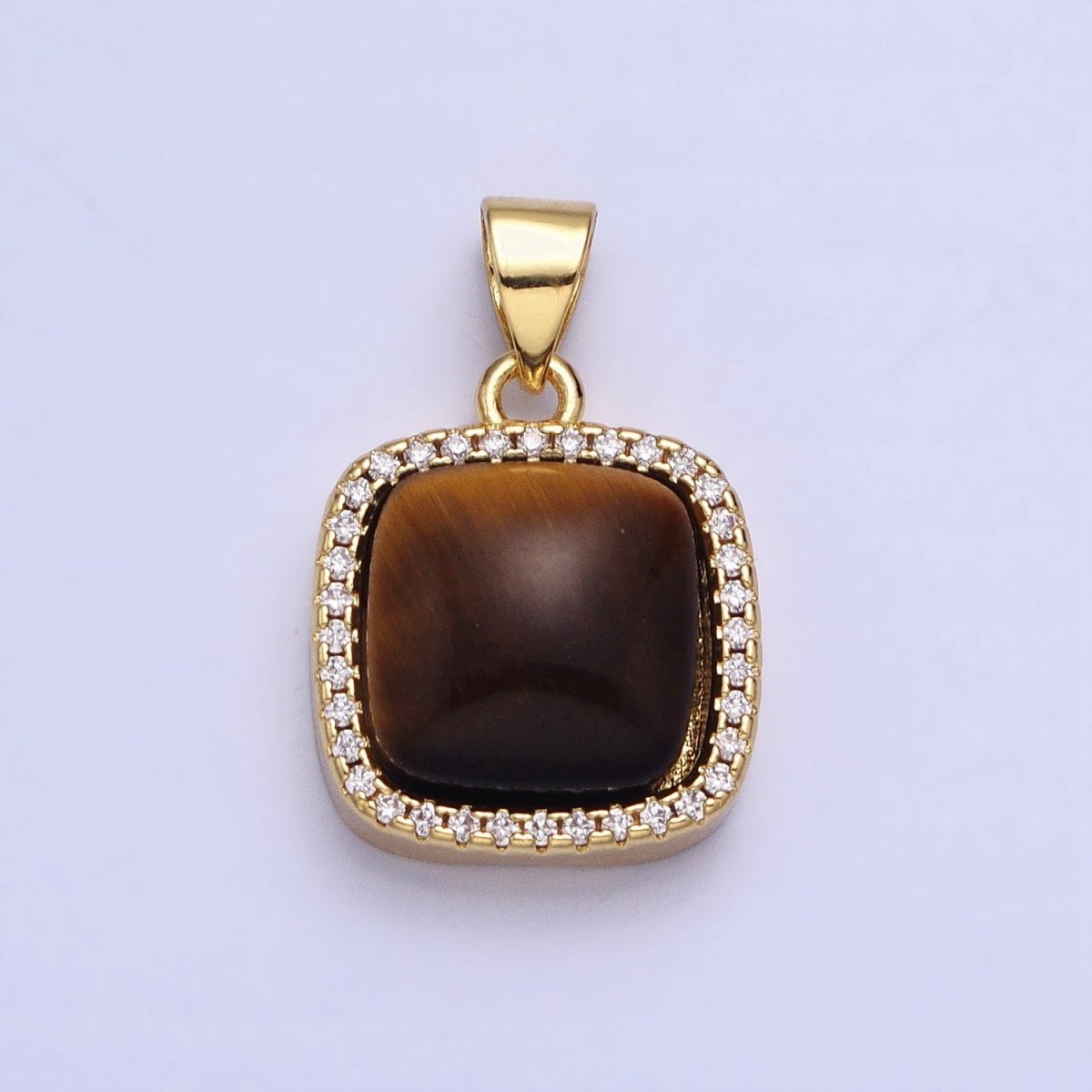24K Gold Filled Natural Gemstone Micro Paved CZ Square Pendant | AA262 - AA269