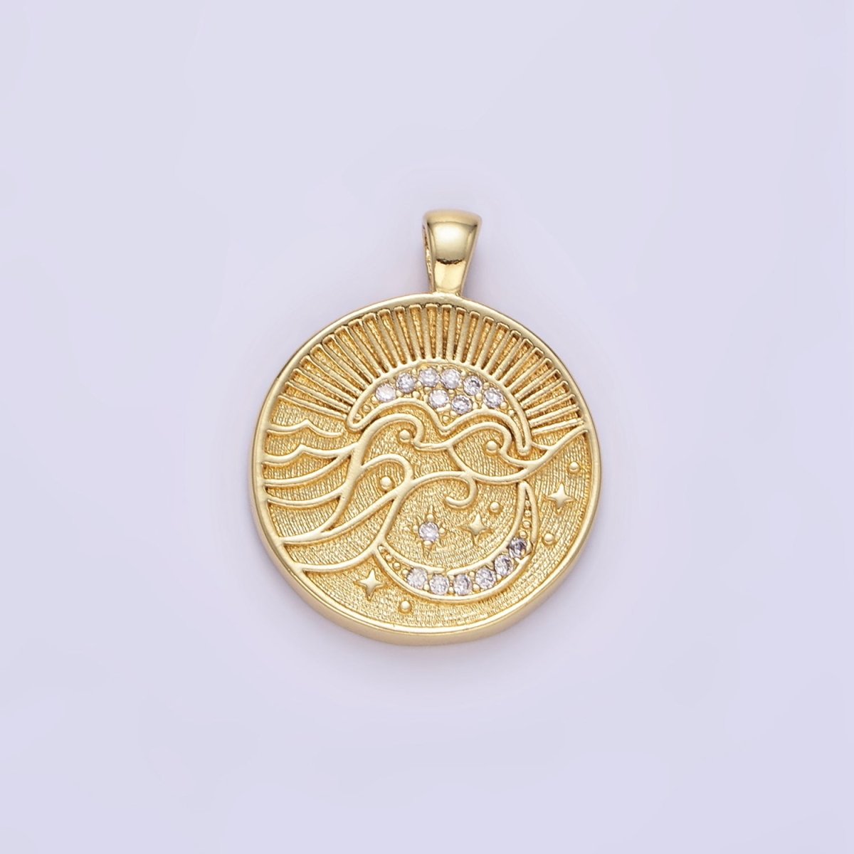 24K Gold Filled Ocean Waves Celestial Moon Micro Paved CZ Round Pendant | AA1354