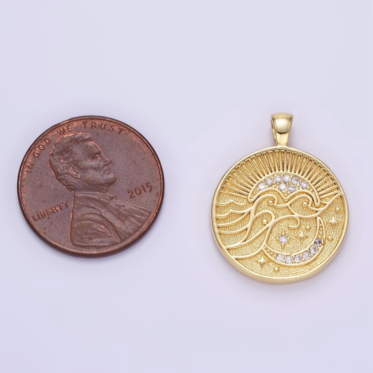 24K Gold Filled Ocean Waves Celestial Moon Micro Paved CZ Round Pendant | AA1354