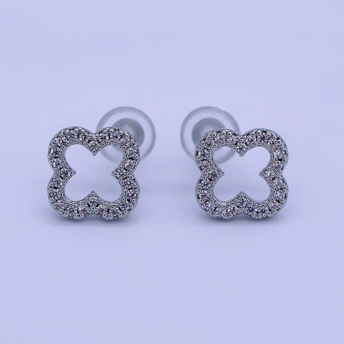24K Gold Filled Open Micro Paved CZ Clover Stud Earrings in Gold & Silver | AE725 AE727