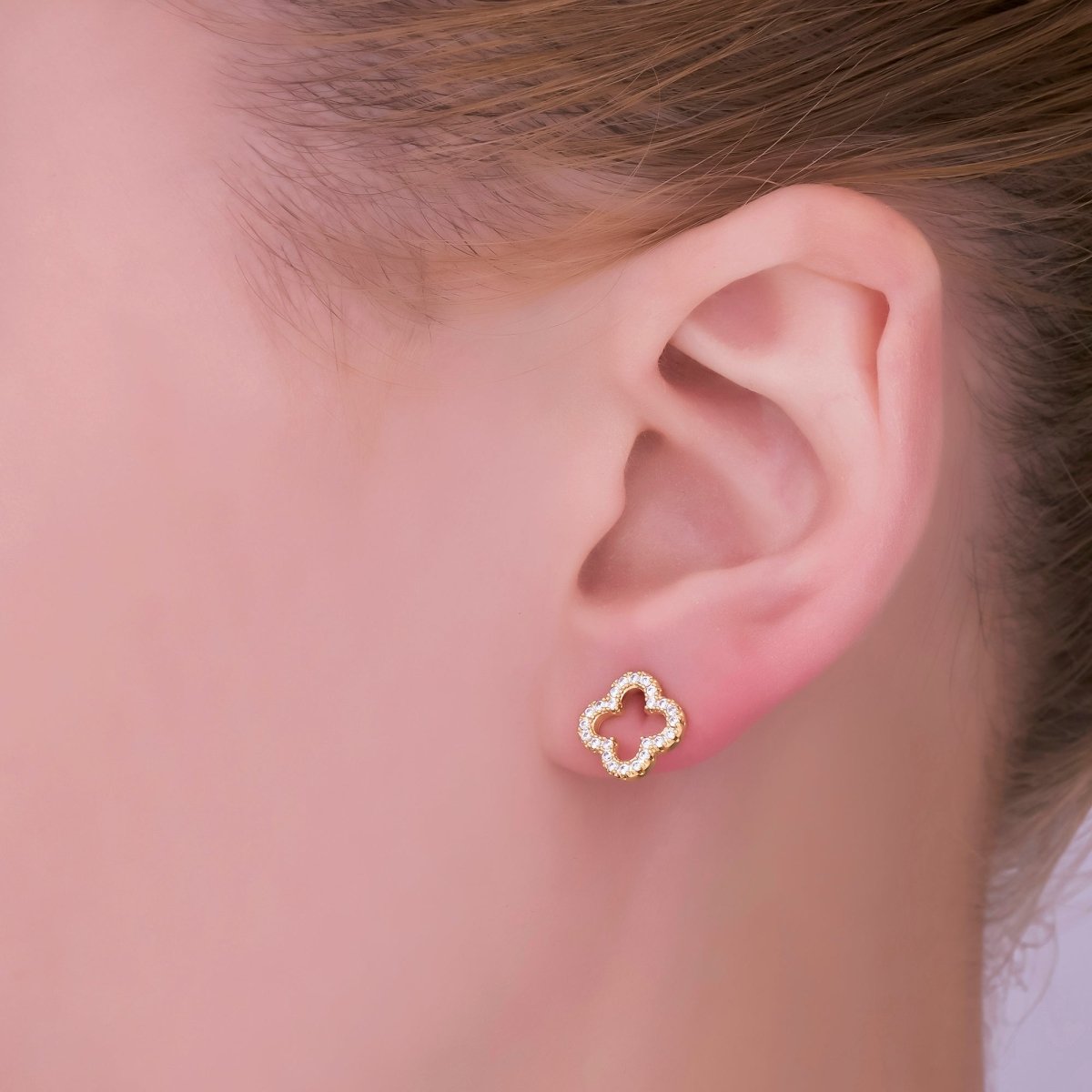 24K Gold Filled Open Micro Paved CZ Clover Stud Earrings in Gold & Silver | AE725 AE727