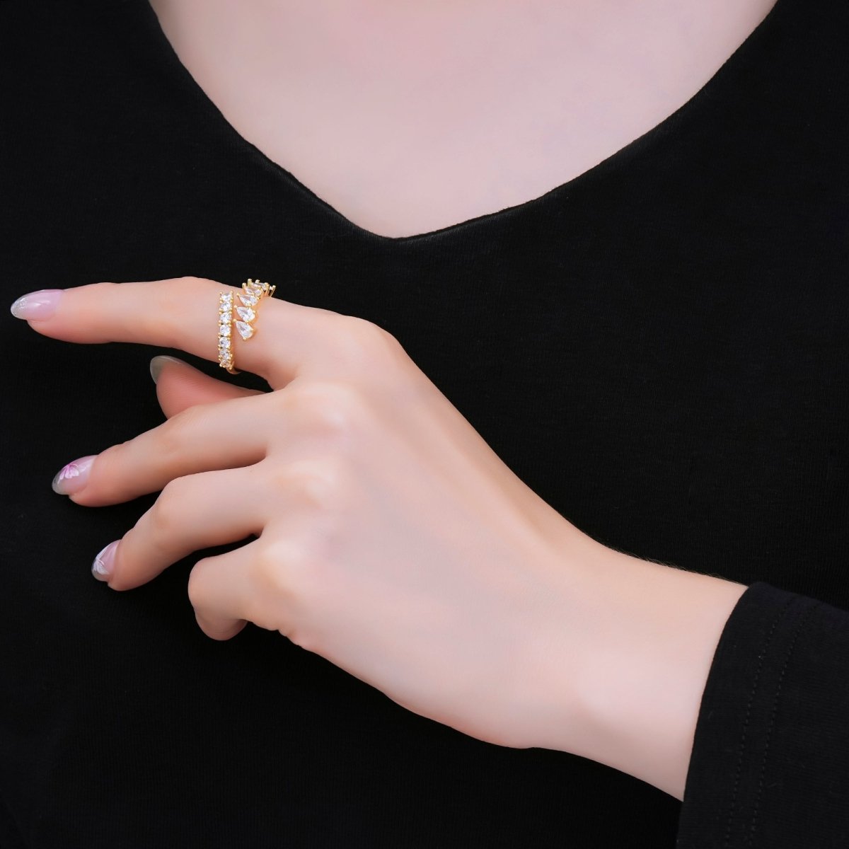 24K Gold Filled Clear CZ Teardrop Micro Paved CZ Wrap Ring | O01449