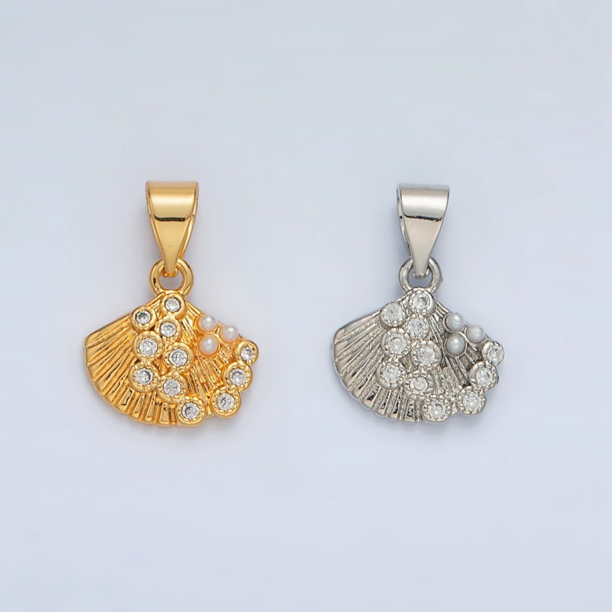 24K Gold Filled 11.5mm Pearl CZ Dotted Clam Sea Shell Pendant in Gold & Silver | I718