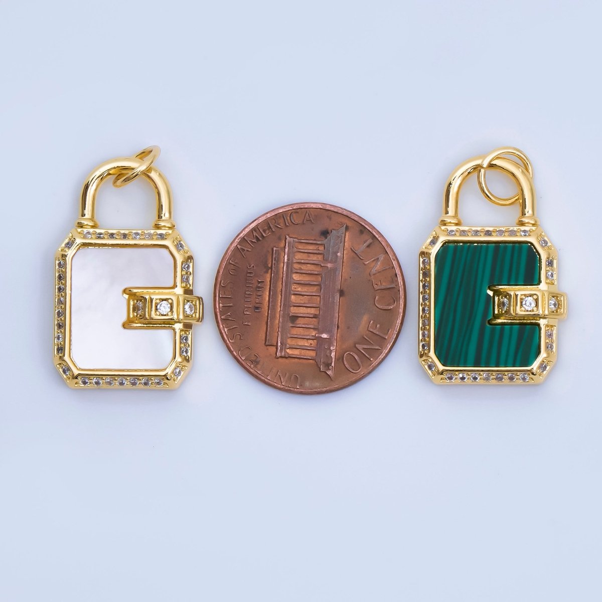 24K Gold Filled Pearl, Malachite Padlock Charm Micro Pave Cz Lock Pendant | AJ414