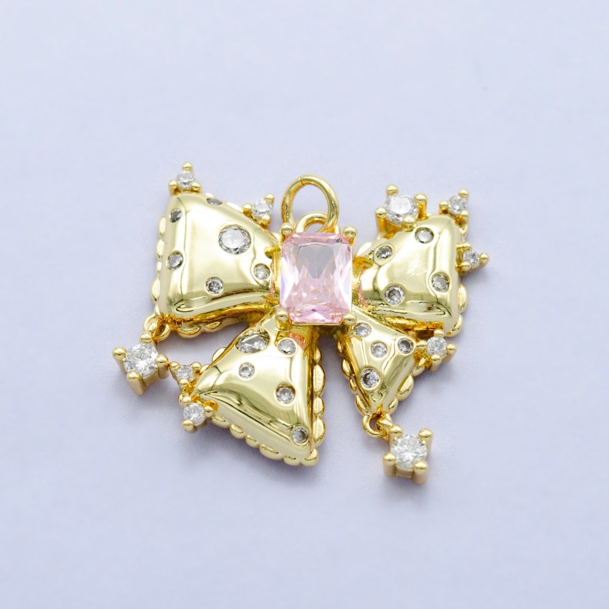 24K Gold Filled Pink Baguette CZ-Dotted Ribbon Bow Charm | M315