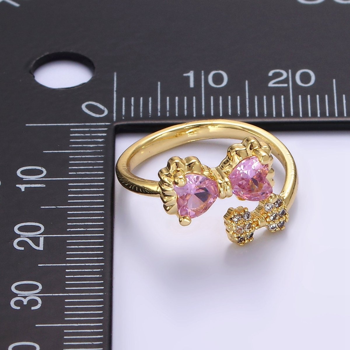 24K Gold Filled Pink Bow Ring Micro Paved Clear CZ Ribbon Ring | O1390