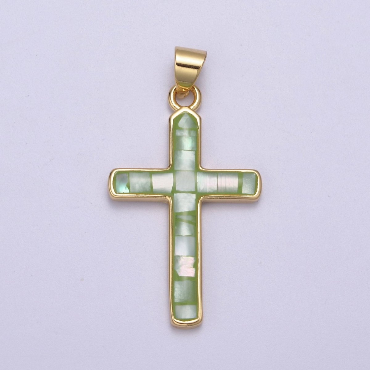 24K Gold Filled Pink / Green / Blue Opal Shell Religious Minimalist Cross Pendant H-745 H-747 H-763