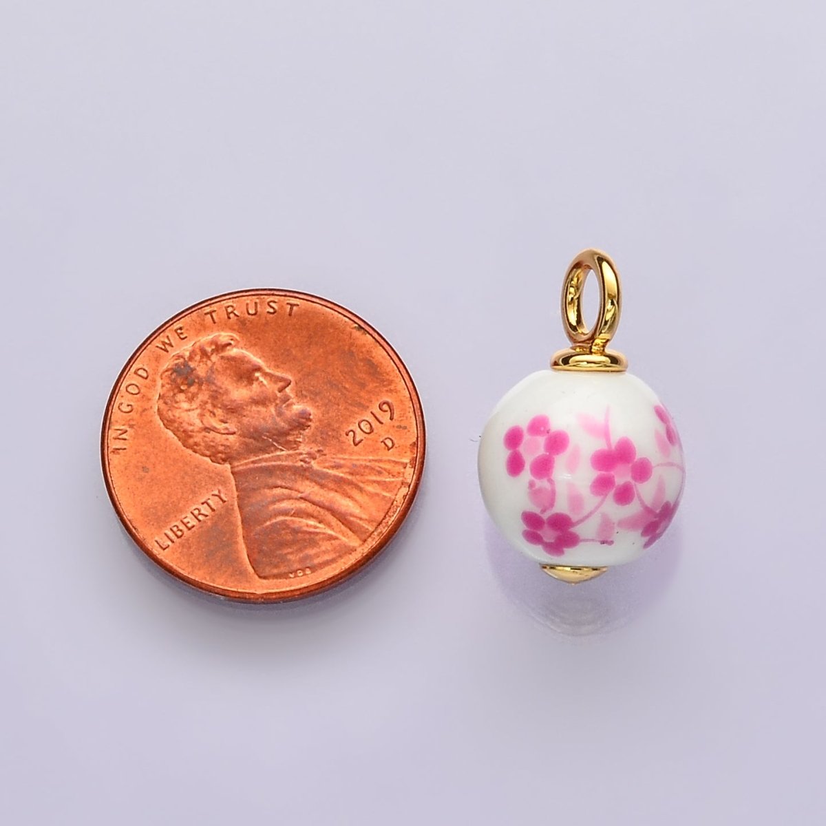 24K Gold Filled Pink Violet Round Ceramic Drop Pendant | C671