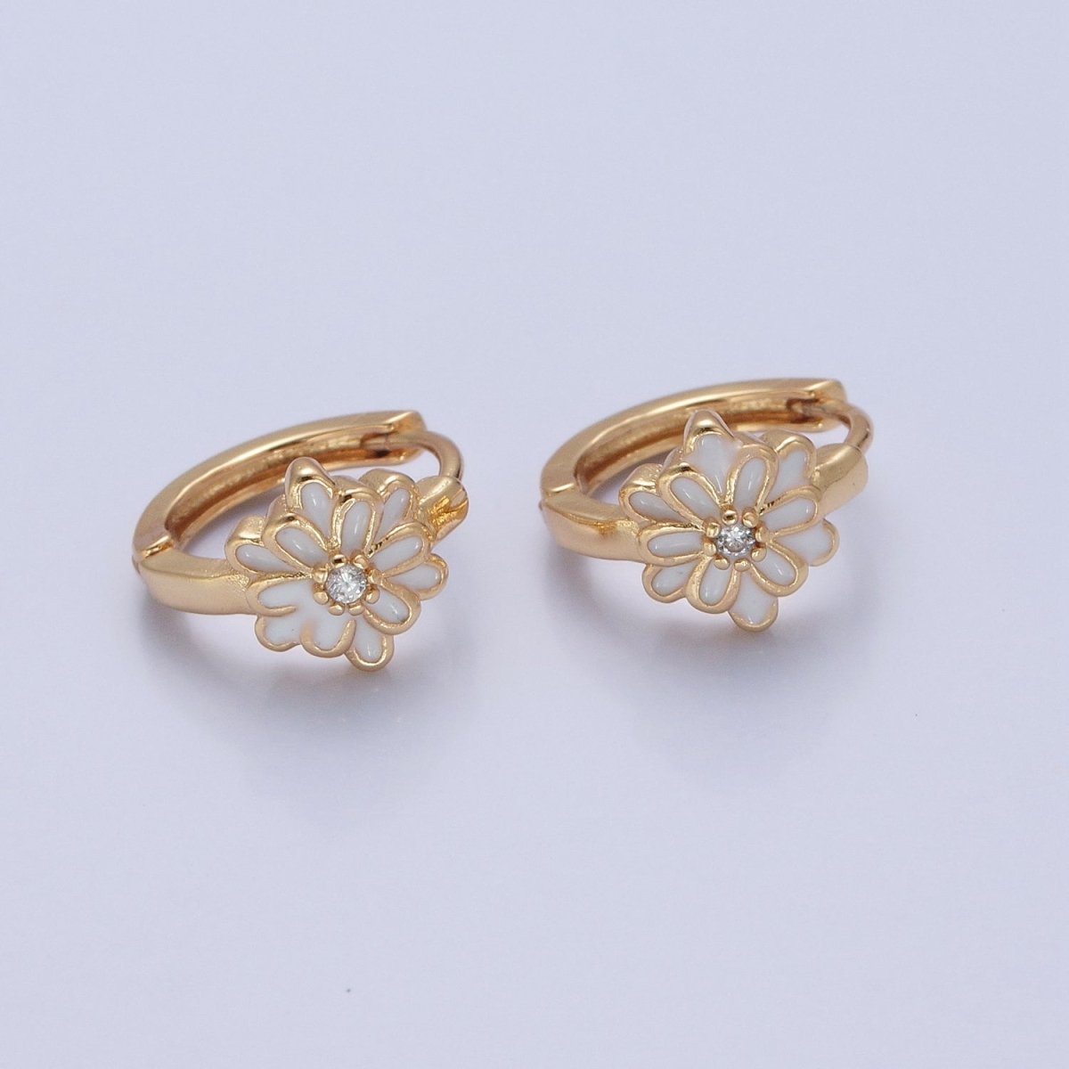 24K Gold Filled Pink/White Enamel Flower Huggie Hoops Earrings, V-421