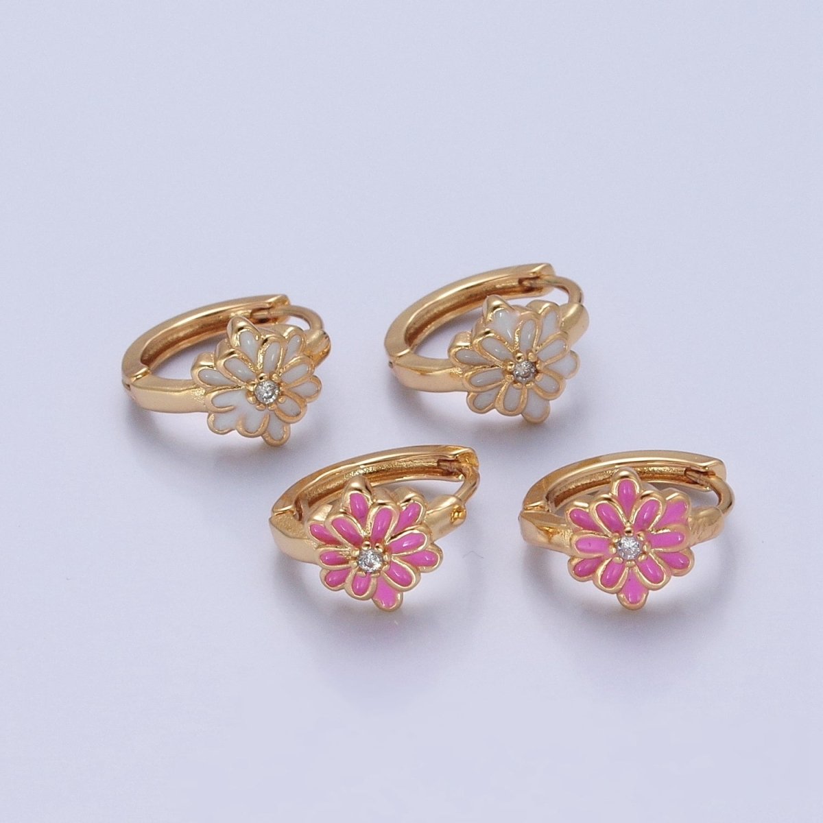 24K Gold Filled Pink/White Enamel Flower Huggie Hoops Earrings, V-421