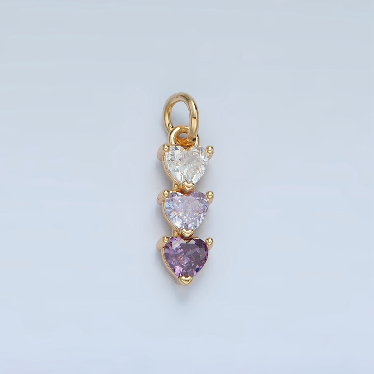 24K Gold Filled Purple, Green, Pink, Blue Gradient Triple Heart CZ Linear Charm | AG890 AG902