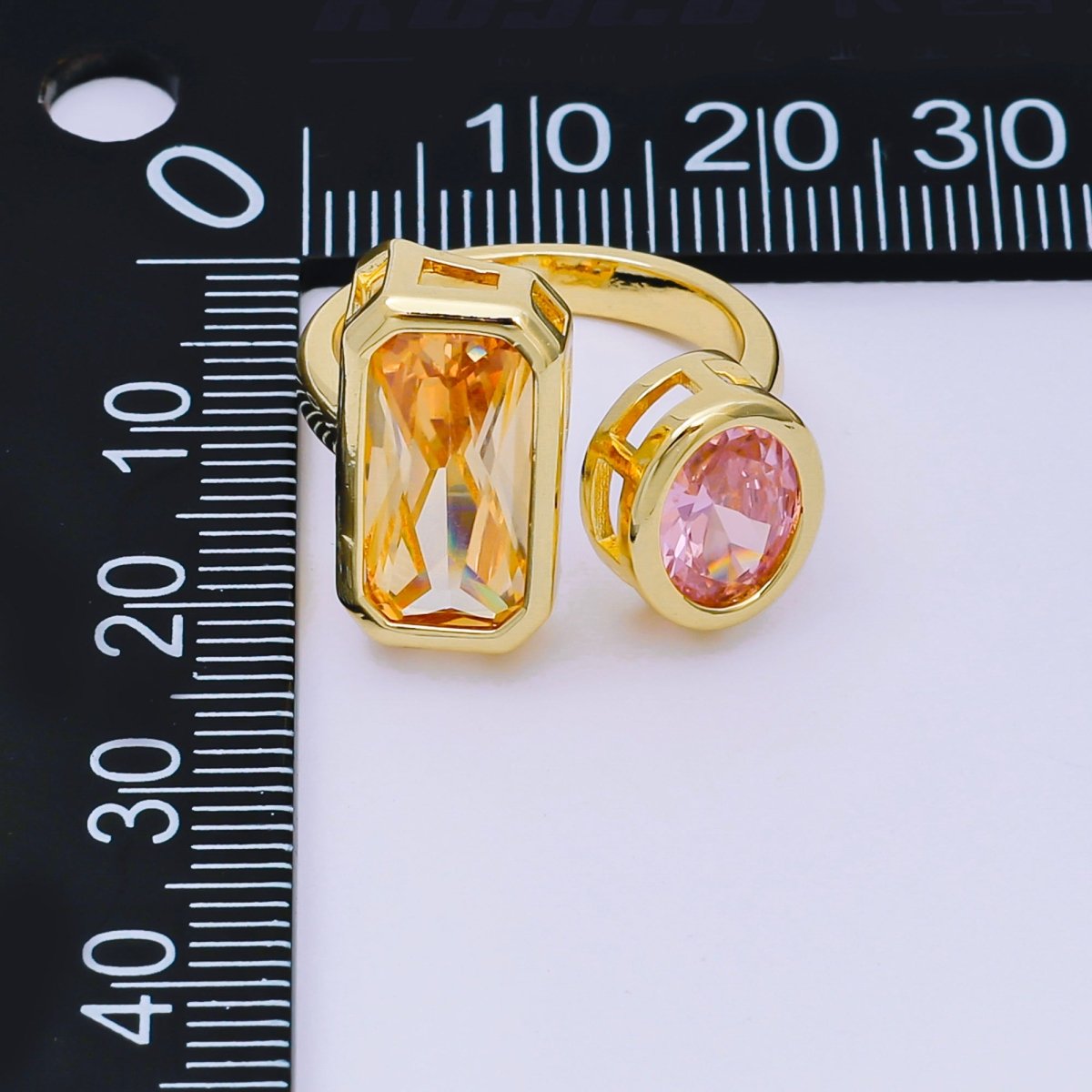 24K Gold Filled Rectangular & Round CZ Yellow Pink Open Adjustable Ring | O-1452