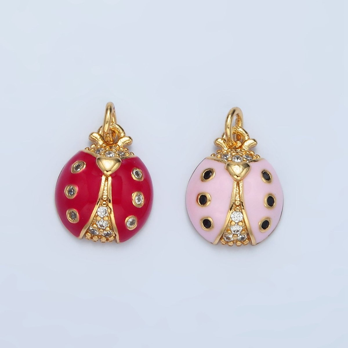 24K Gold Filled Red and Pink Enamel CZ Micro Paved Ladybug Insect Animal Charm | AG-622