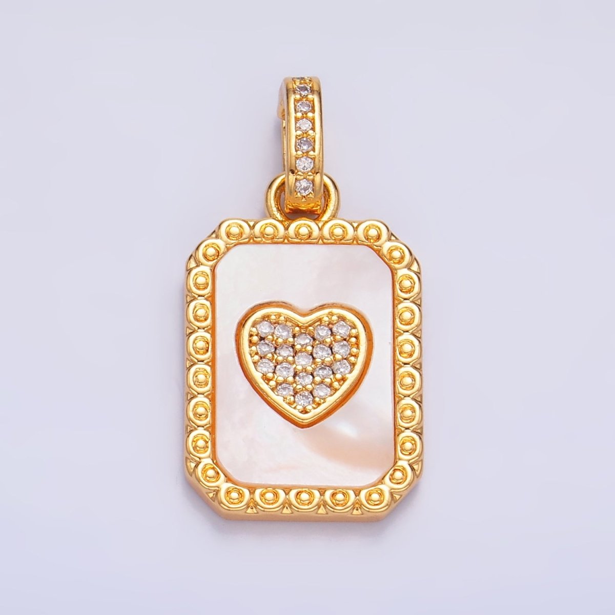 24K Gold Filled Red Carnelian, Shell Pearl Heart Micro Paved Snap Bail Pendant | AA1056