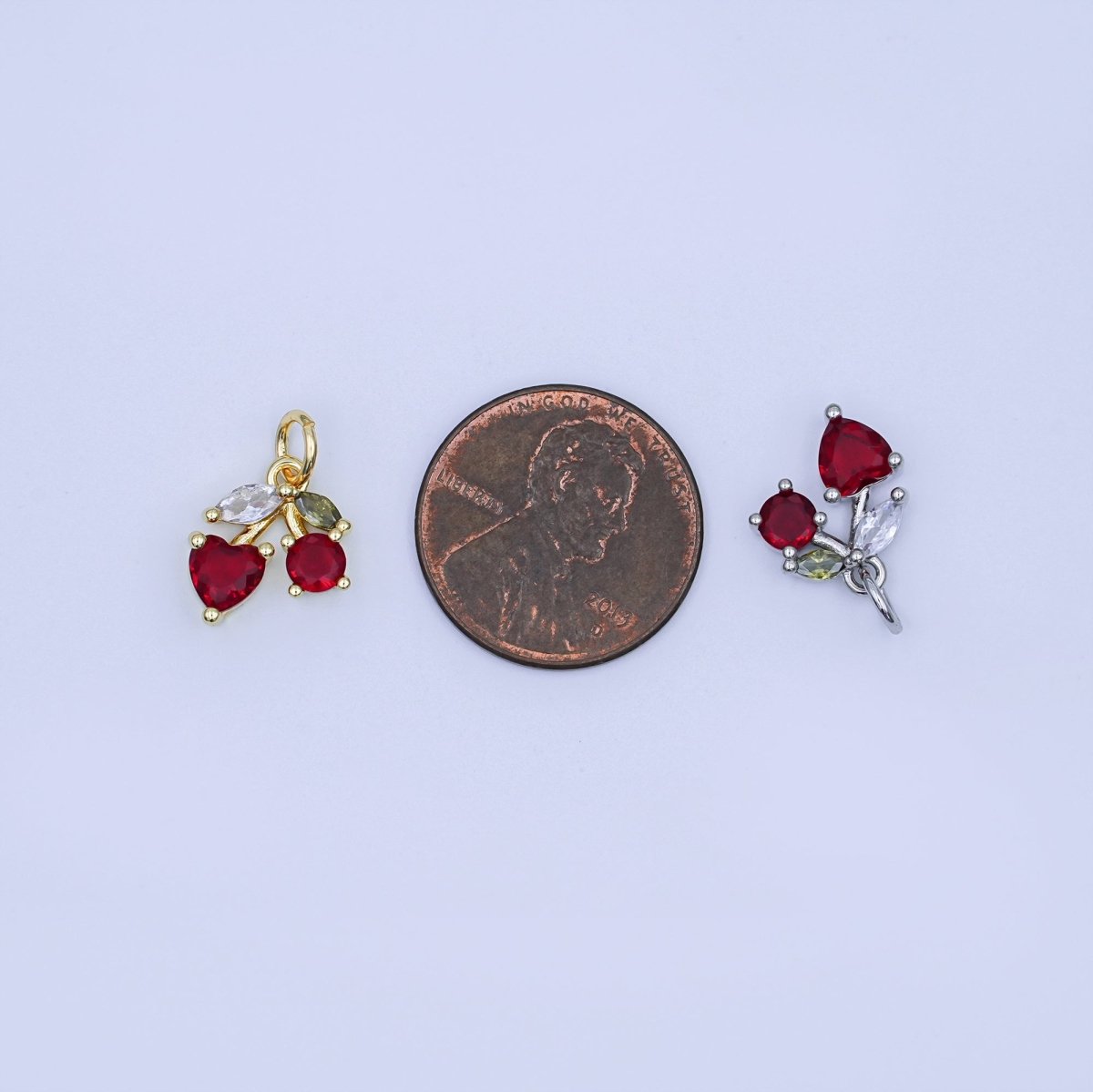 24K Gold Filled Red CZ Cherry Fruit Charm in Gold & Silver | W842