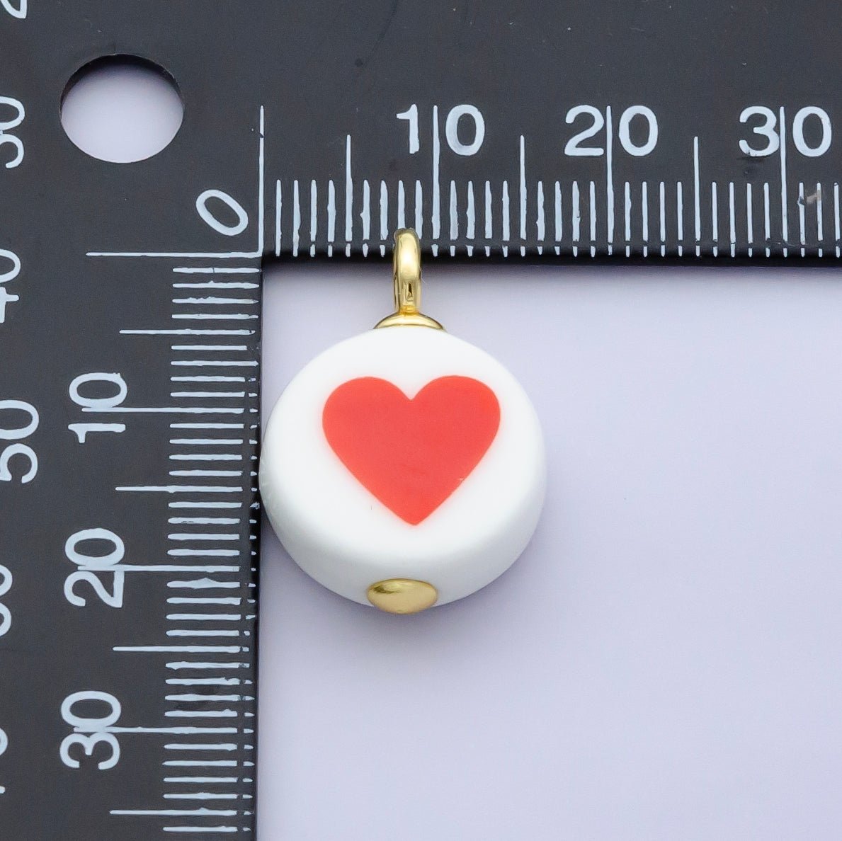 24K Gold Filled Red Heart White Round Ceramic Drop Pendant | N088