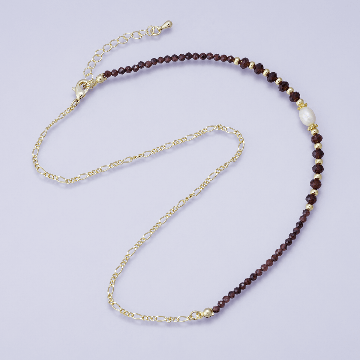 24K Gold Filled Red Multifaceted Gemstone Bead Figaro Chain Half 16 Inch Necklace w. Extender | WA-04207