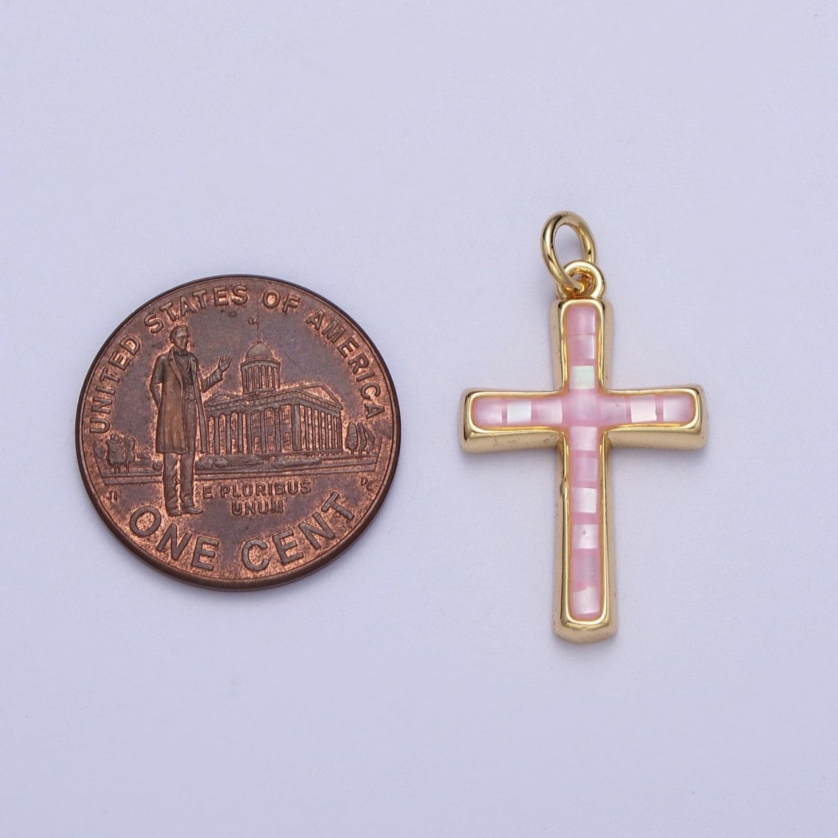 24K Gold Filled Religious Cross Black, White, Blue, Pink Shell Opal Charm | C-218 C-233 C-234 C-241
