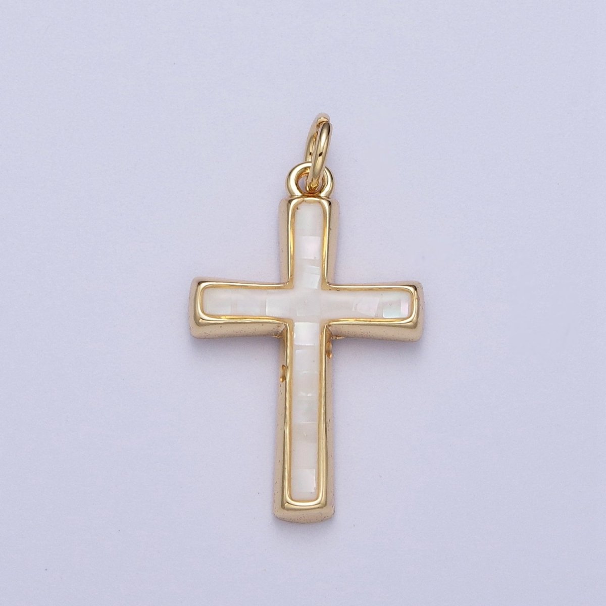 24K Gold Filled Religious Cross Black, White, Blue, Pink Shell Opal Charm | C-218 C-233 C-234 C-241