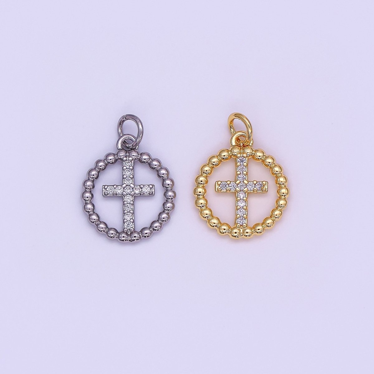 24K Gold Filled Religious Cross Micro Paved CZ Open Dotted Round Charm in Gold & Silver | AF433