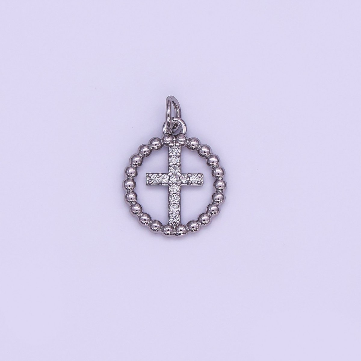 24K Gold Filled Religious Cross Micro Paved CZ Open Dotted Round Charm in Gold & Silver | AF433