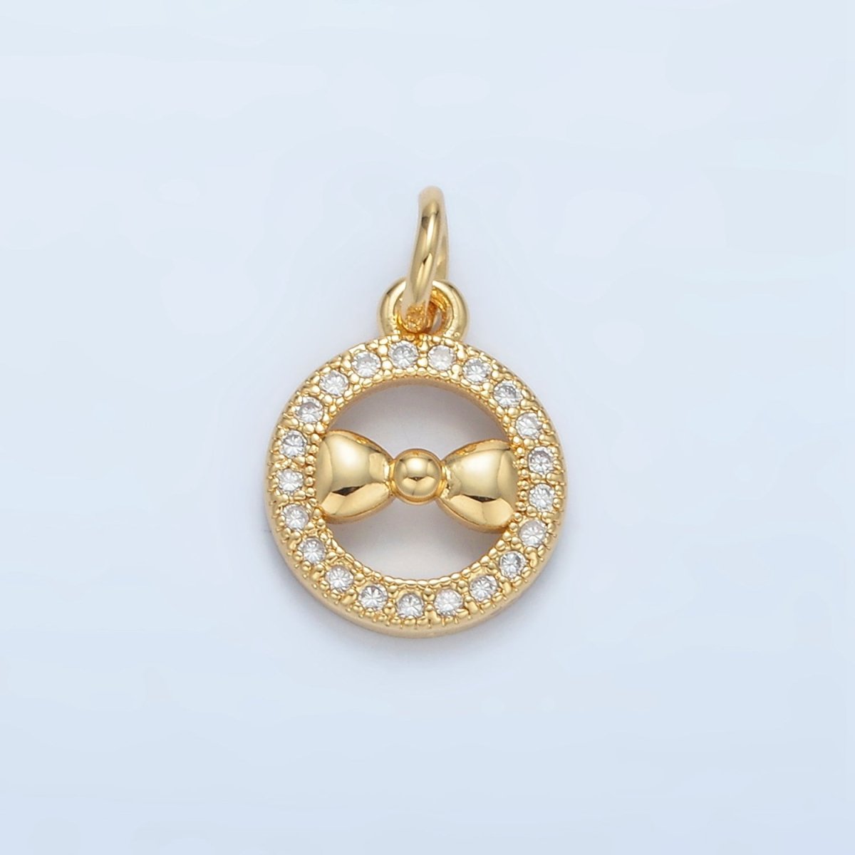 24K Gold Filled Ribbon Bow Open Micro Paved CZ Round Charm | X295