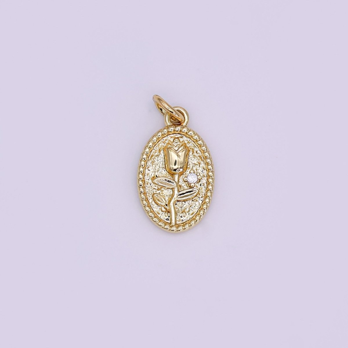 24K Gold Filled Rose Flower Hammered Oval Charm in Gold & Silver | N957