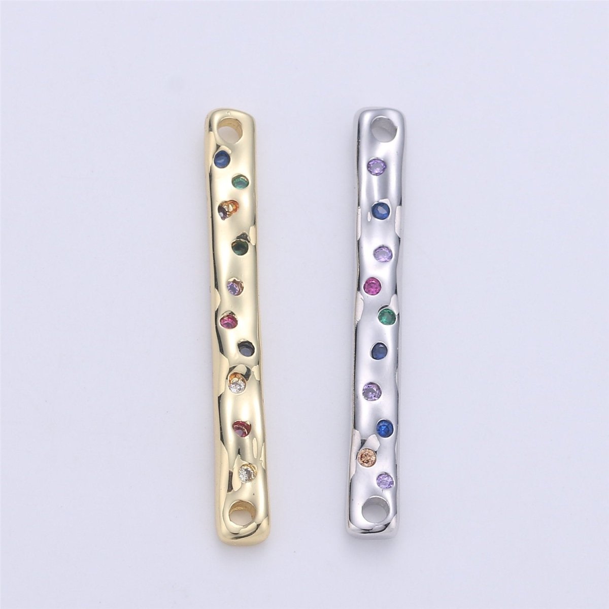 24K Gold Filled Rustic Textured Bar Dainty Connector with Micro Pave Multi Color Rainbow Cubic Zirconia CZ Stone for Necklace or Bracelet F-360