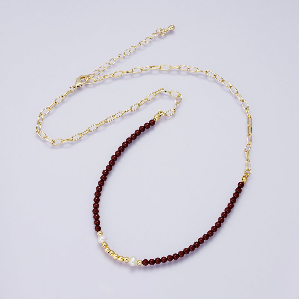 24K Gold Filled Shell Pearl Carnelian Ball Gemstone Paperclip Chain Half 18 Inch Necklace w. Extender | WA-04214