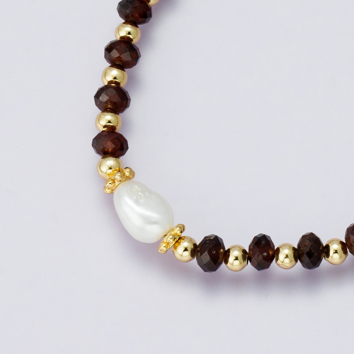 24K Gold Filled Shell Pearl Red Agate Multifaceted Gemstone Ball Paperclip Chain Half 18 Inch Necklace w. Extender | WA-04237