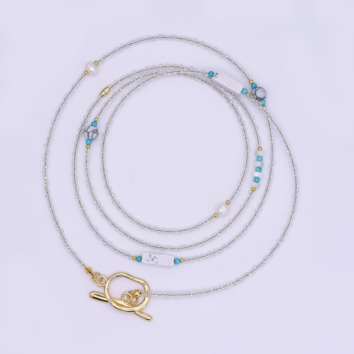 24K Gold Filled Shell Pearl White Howlite Clear Crystal Gemstone 40 Inches Necklace | WA-3078