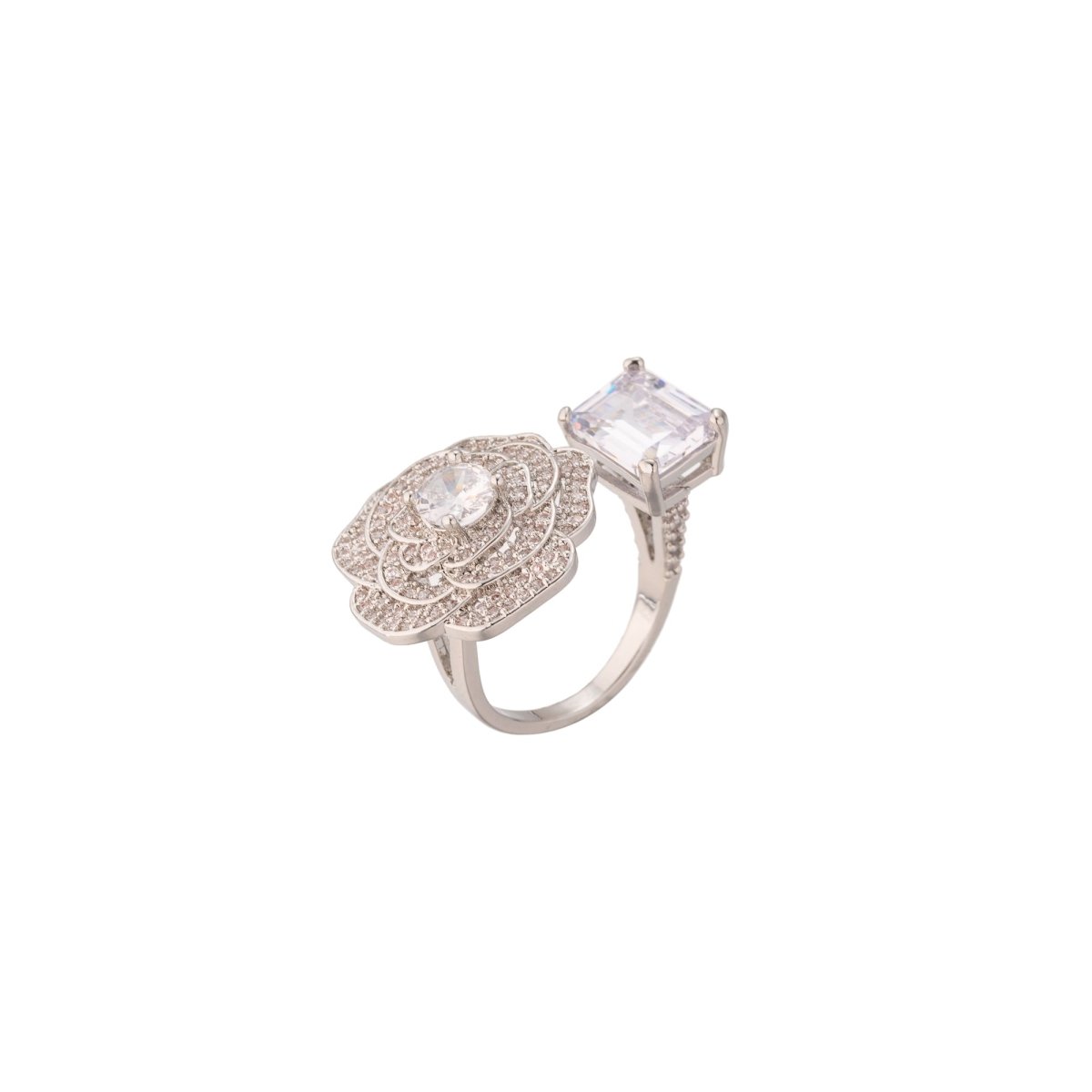 24K Gold Filled Clear CZ Baguette Micro Paved Rose Flower Ring in Gold & Silver | Rings-00238 Rings-00239