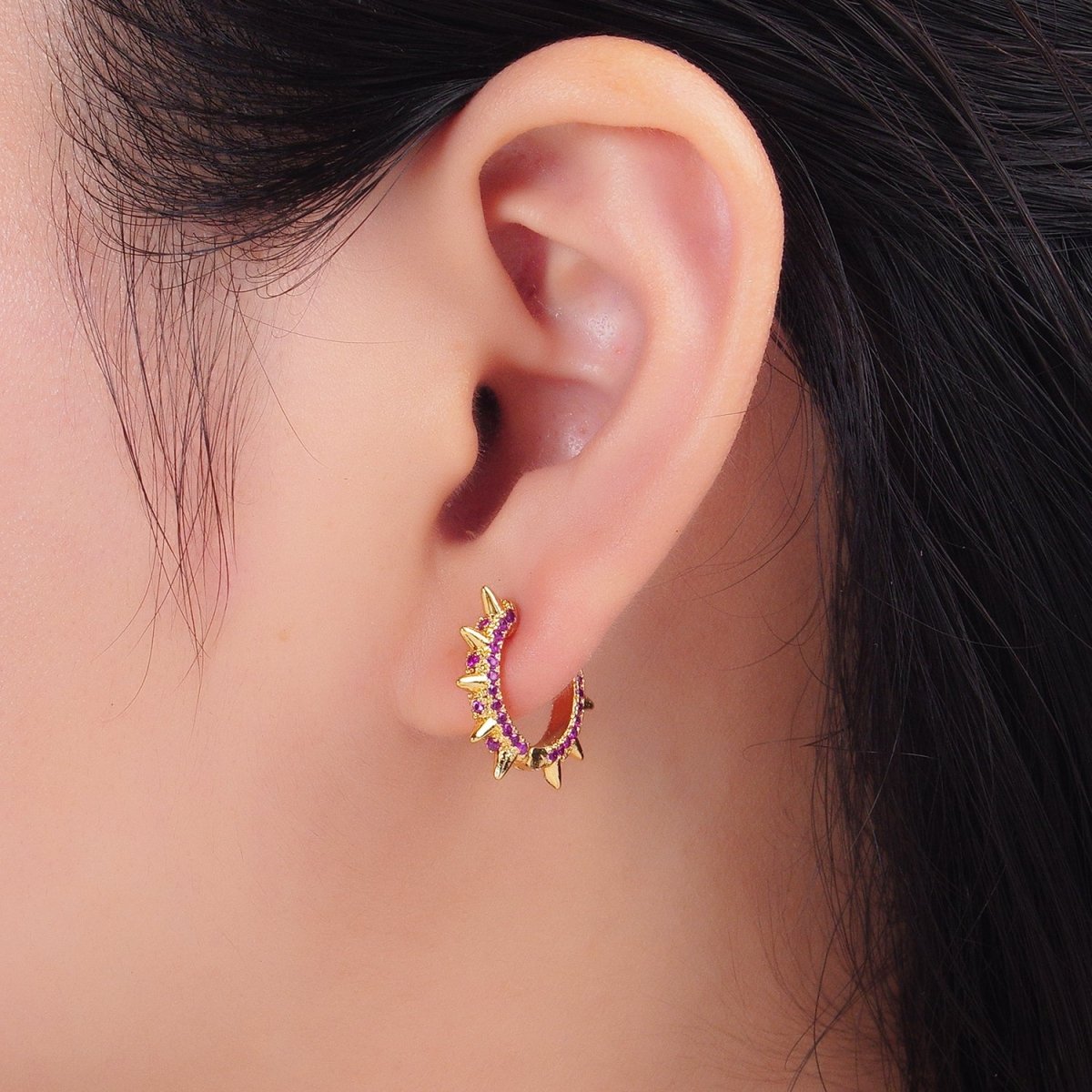 24k Gold Filled Spike Hoops, Studded Hoop Earring Set, Huggie Hoops, Micro Pave Studded Spike P-135 ~ P-140