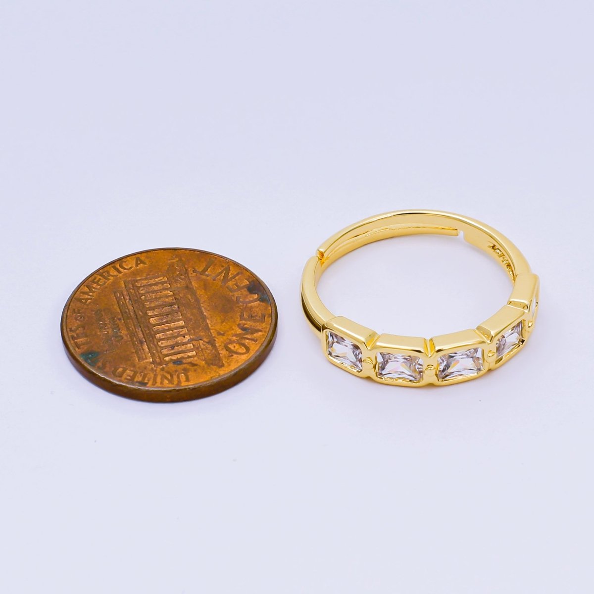 24K Gold Filled Square CZ Five-Stone Horizon Simple Round Baguette Adjustable Ring | O-1457