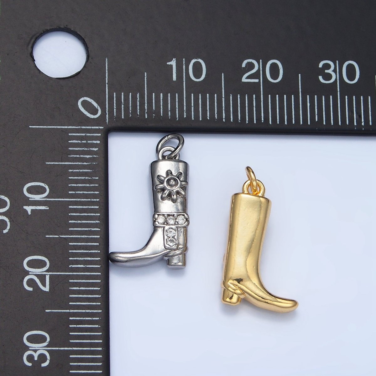 24K Gold Filled 16.5mm Micro Paved CZ Sun Cowboy Boot Charm in Gold & Silver | W076