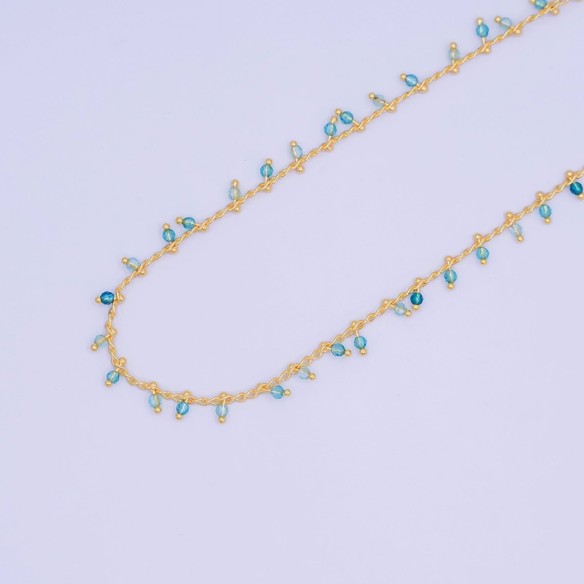 24K Gold Filled Teal Green Multifaceted Crystal Drop Link Unfinished Chain by Yard | Roll-1663