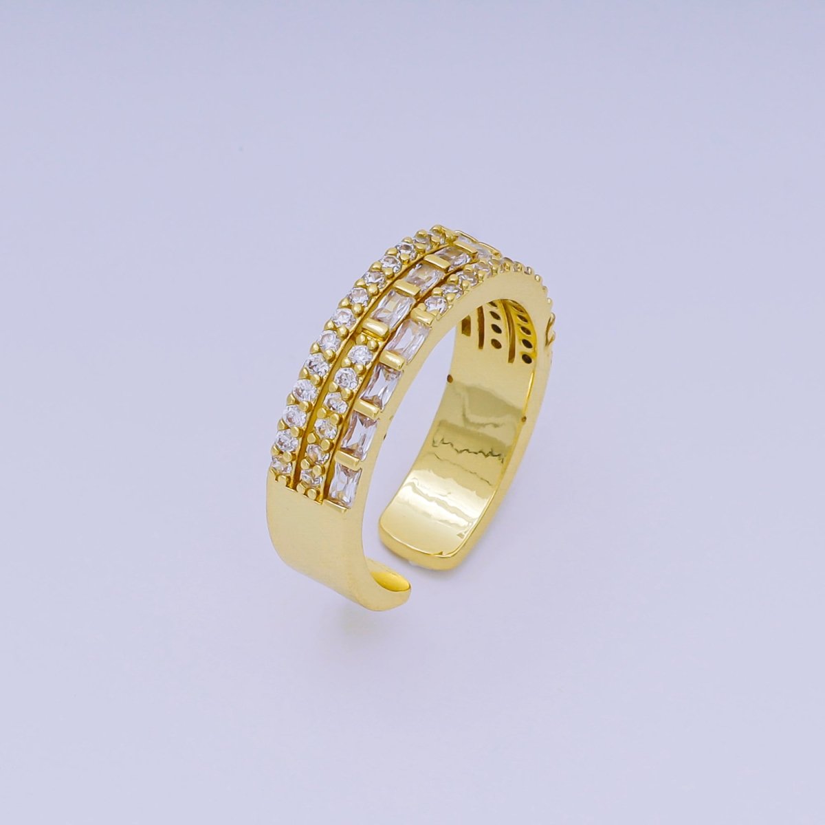 24K Gold Filled Triple-Layered Clear Baguette & Micro Paved CZ Cluster Adjustable Ring | O-1485
