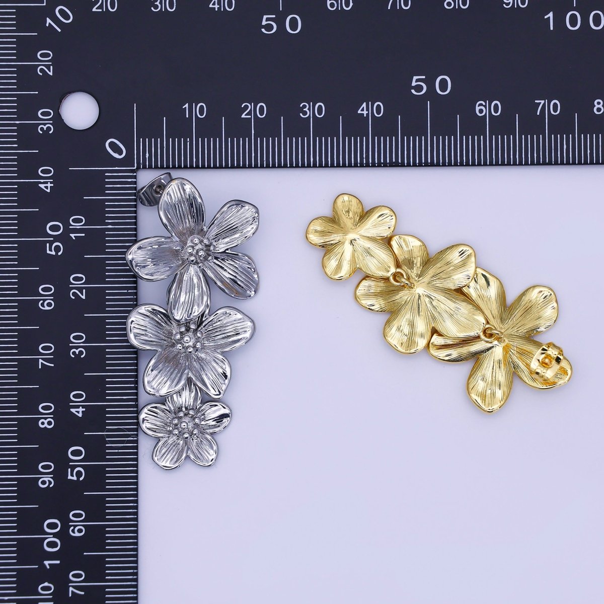 24K Gold Filled Triple Lined Flower Drop Stud Earrings in Gold & Silver | AE368 T175