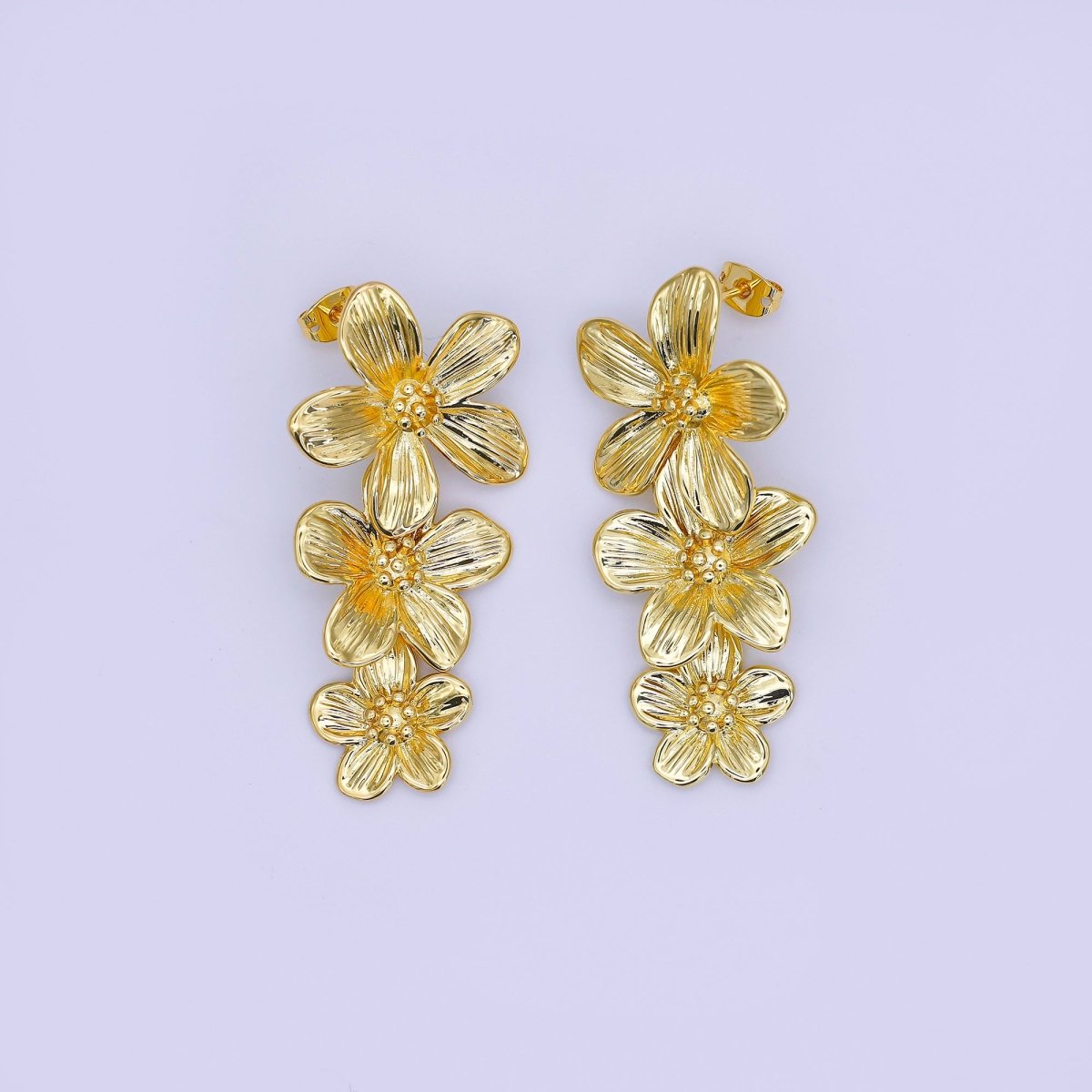 24K Gold Filled Triple Lined Flower Drop Stud Earrings in Gold & Silver | AE368 T175