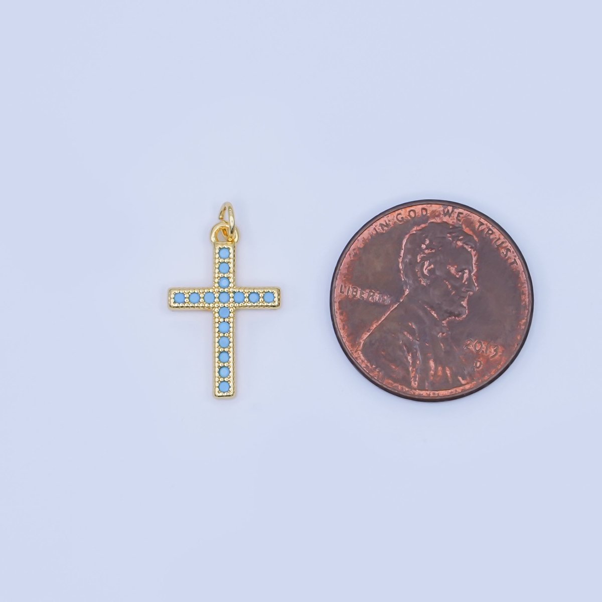 24K Gold Filled 16mm Turquoise Micro Paved Religious Cross Charm | AF440