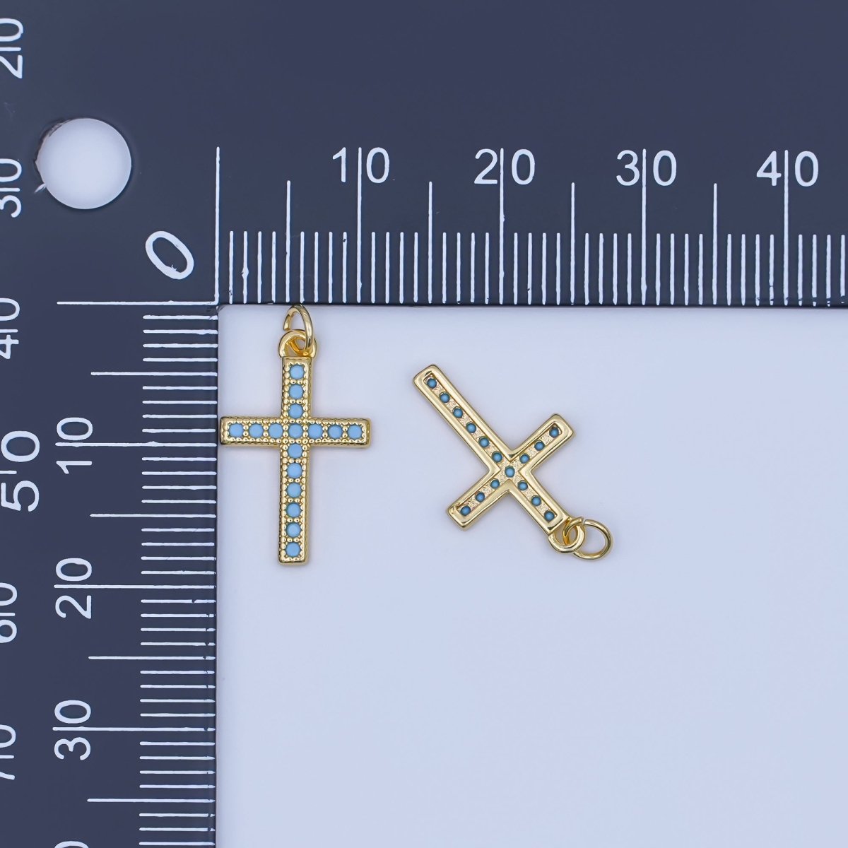 24K Gold Filled 16mm Turquoise Micro Paved Religious Cross Charm | AF440