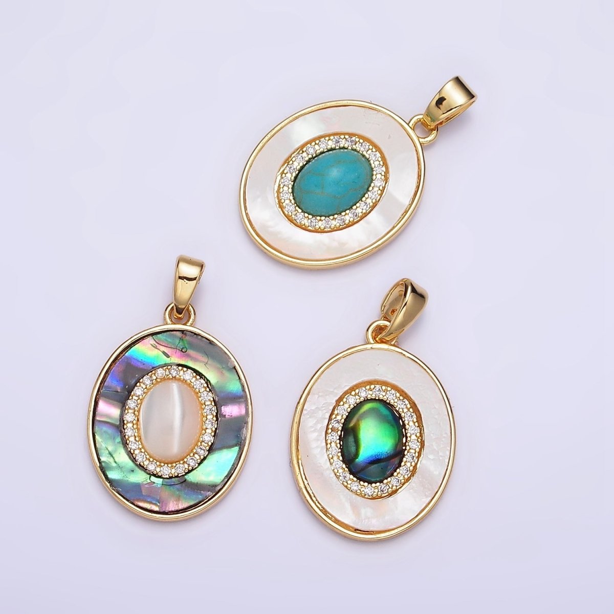 24K Gold Filled Turquoise, Pearl, Abalone Micro Paved CZ Shell Pearl, Abalone Pendant | AA595 - AA597