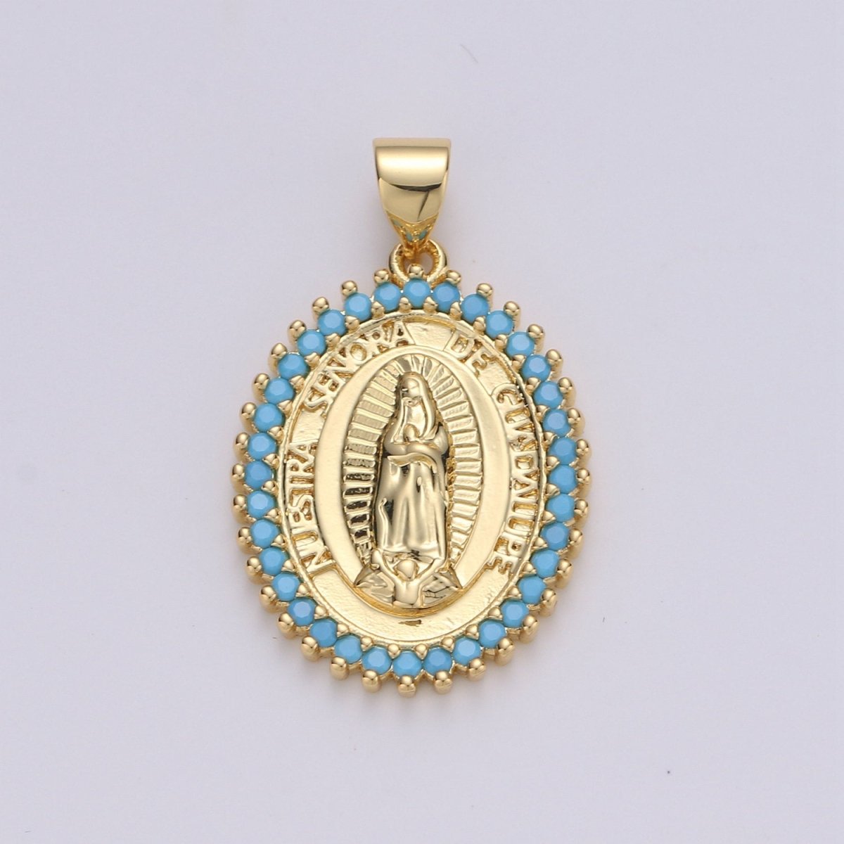 24k Gold Filled Virgin Mary Pendant Necklace Green Blue Teal Micro Pave Virgen de Guadalupe Medallion Pendant for Necklace Religious Jewelry I-841~I-843 I-845
