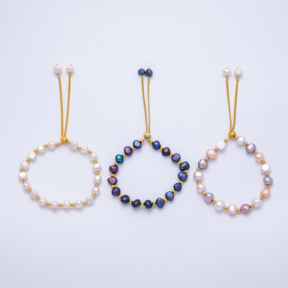 24K Gold Filled White, Multicolor, Black Button Freshwater Pearl Bolo Adjustable Bracelet | WA-04264
