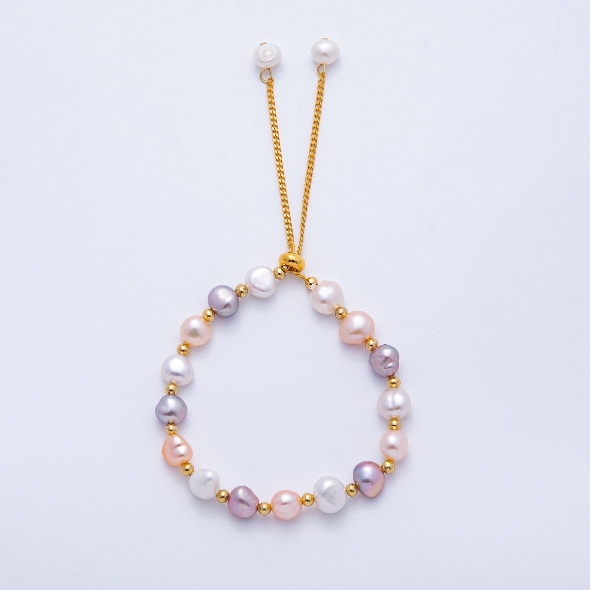 24K Gold Filled White, Multicolor, Black Button Freshwater Pearl Bolo Adjustable Bracelet | WA-04264