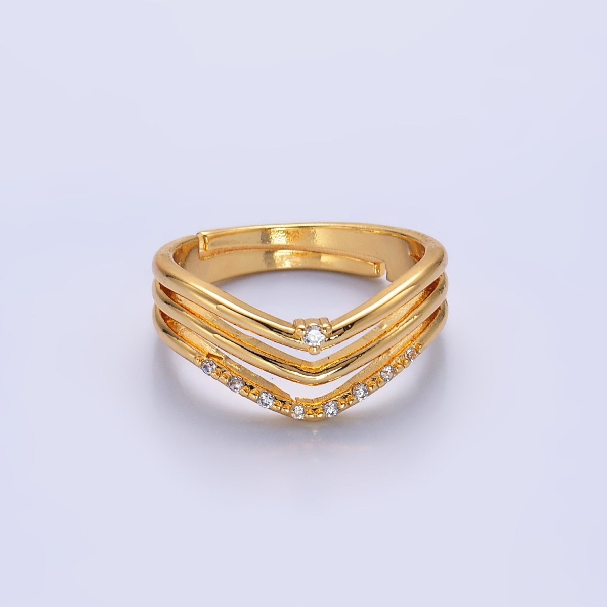 24K Gold Filled Micro Paved CZ Chevron Triple Band Ring | O306